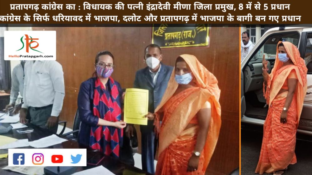 प्रतापगढ़ कांग्रेस का : विधायक की पत्नी इंद्रादेवी मीणा जिला प्रमुख, 8 में से 5 प्रधान कांग्रेस के सिर्फ धरियावद में भाजपा, दलोट में निर्दलीय और प्रतापगढ़ में भाजपा के बागी बन गए प्रधान